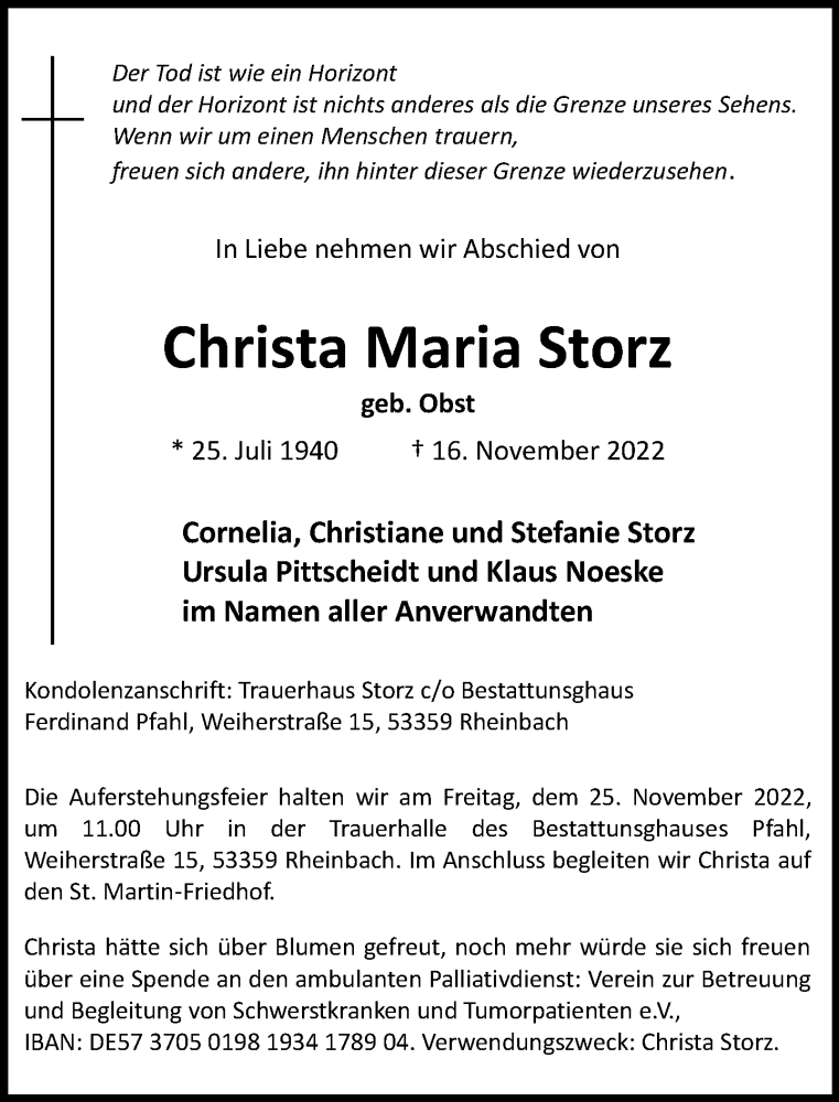 Traueranzeige für Christa Maria Storz vom 23.11.2022 aus General-Anzeiger Bonn