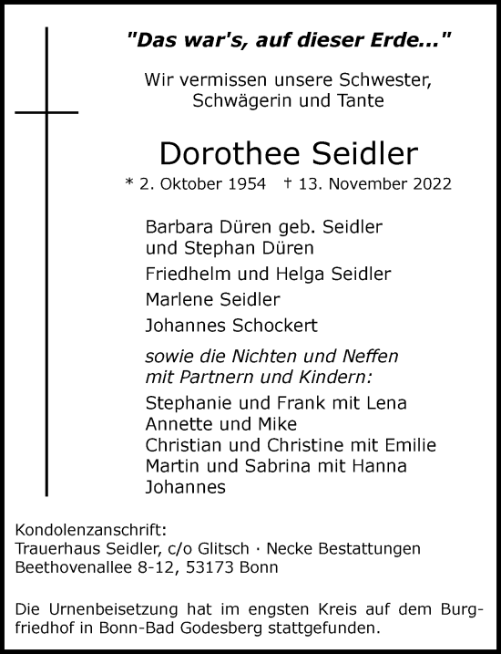 Anzeige von Dorothee Seidler von General-Anzeiger Bonn