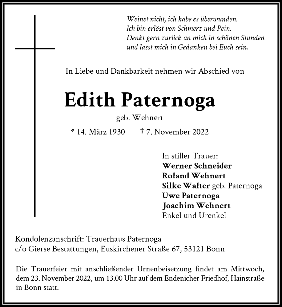  Traueranzeige für Edith Paternoga vom 19.11.2022 aus General-Anzeiger Bonn