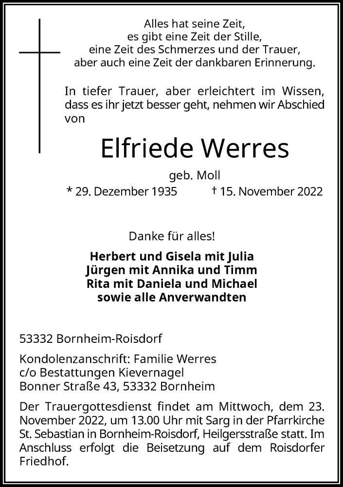  Traueranzeige für Elfriede Werres vom 19.11.2022 aus General-Anzeiger Bonn