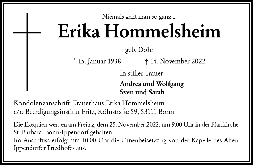  Traueranzeige für Erika Hommelsheim vom 19.11.2022 aus General-Anzeiger Bonn
