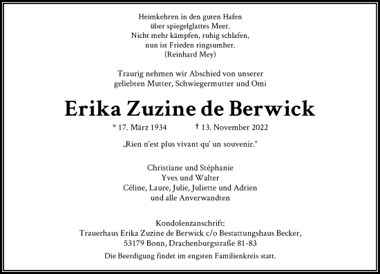 Anzeige von Erika  Zuzine de Berwick von General-Anzeiger Bonn