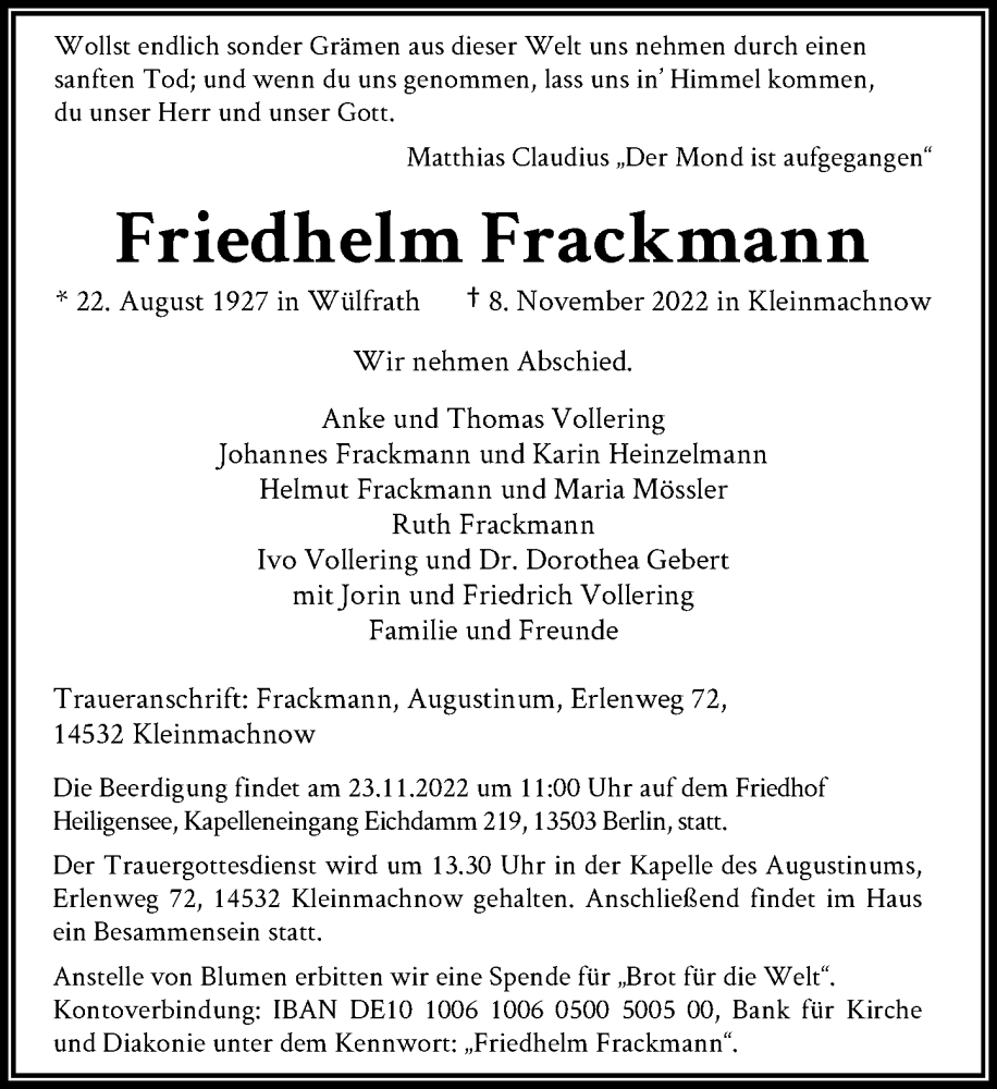  Traueranzeige für Friedhelm Frackmann vom 19.11.2022 aus General-Anzeiger Bonn