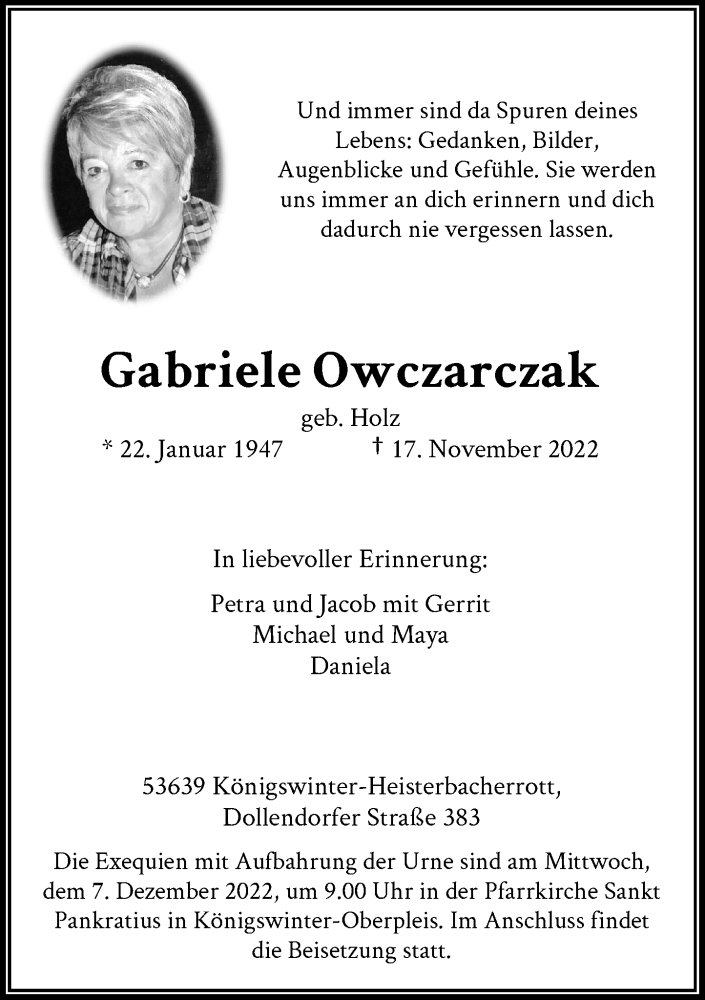  Traueranzeige für Gabriele Owczarczak vom 19.11.2022 aus General-Anzeiger Bonn