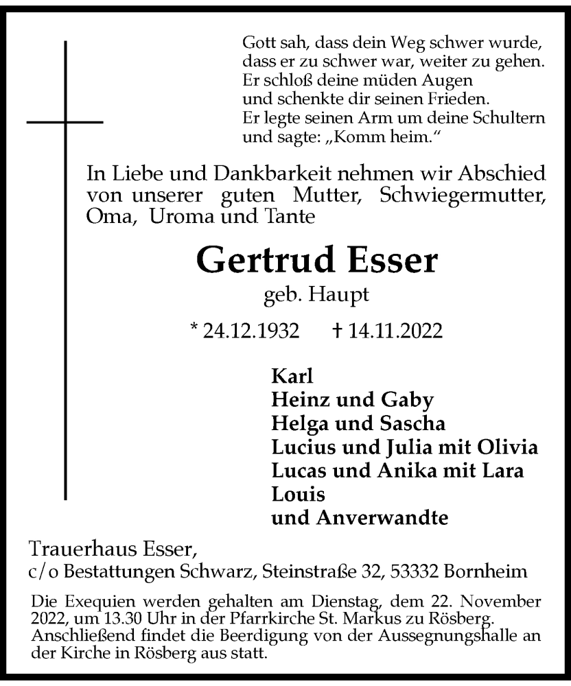  Traueranzeige für Gertrud Esser vom 19.11.2022 aus General-Anzeiger Bonn