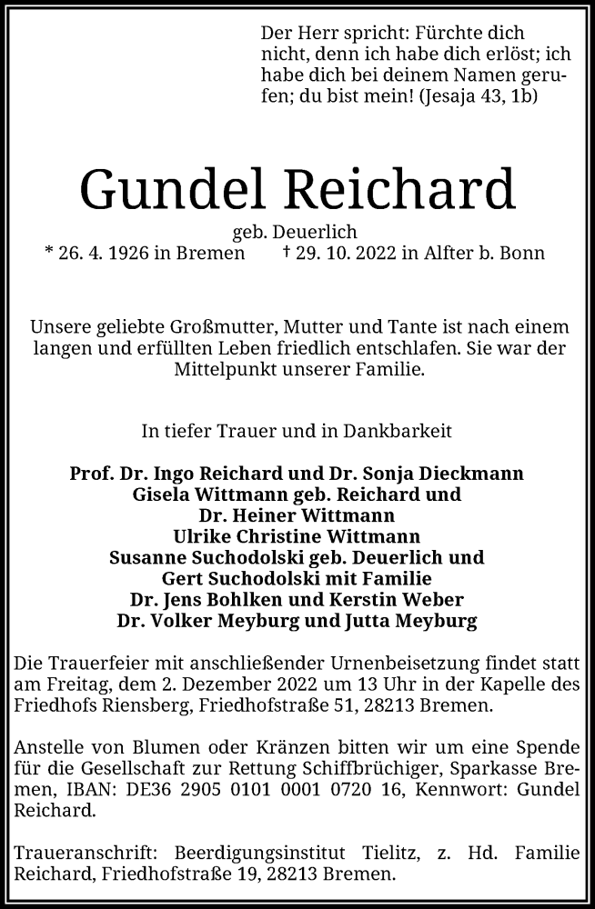  Traueranzeige für Gundel Reichard vom 19.11.2022 aus General-Anzeiger Bonn