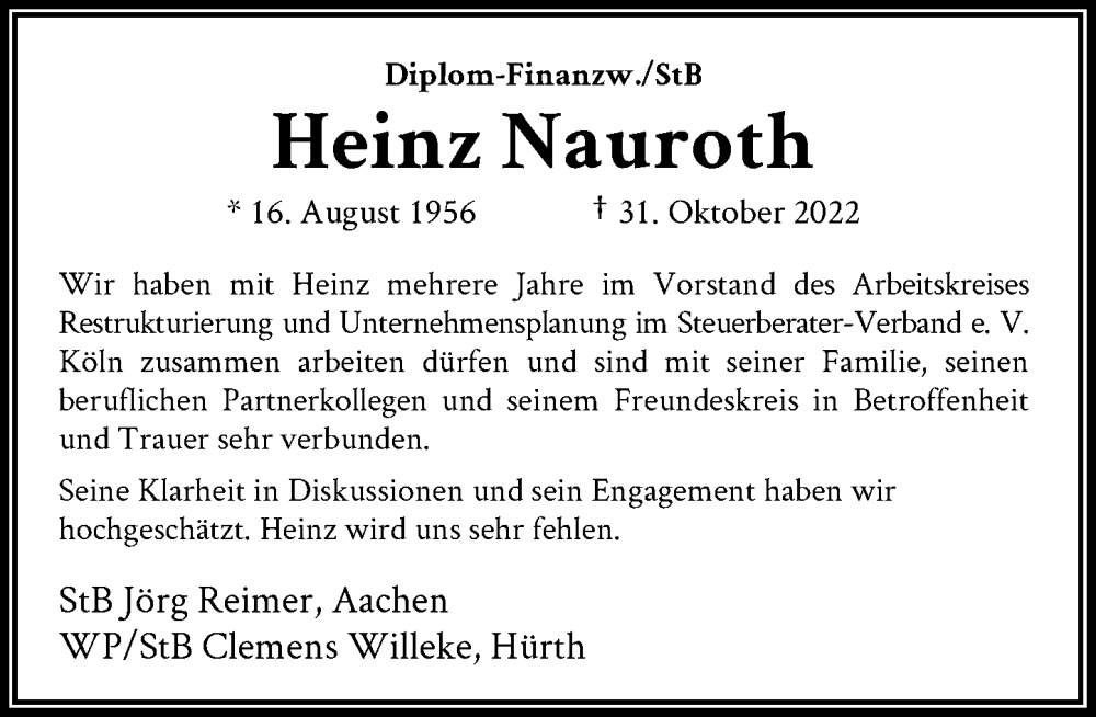  Traueranzeige für Heinz Nauroth vom 10.11.2022 aus General-Anzeiger Bonn