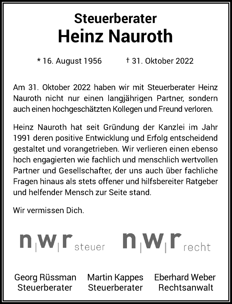  Traueranzeige für Heinz Nauroth vom 12.11.2022 aus General-Anzeiger Bonn