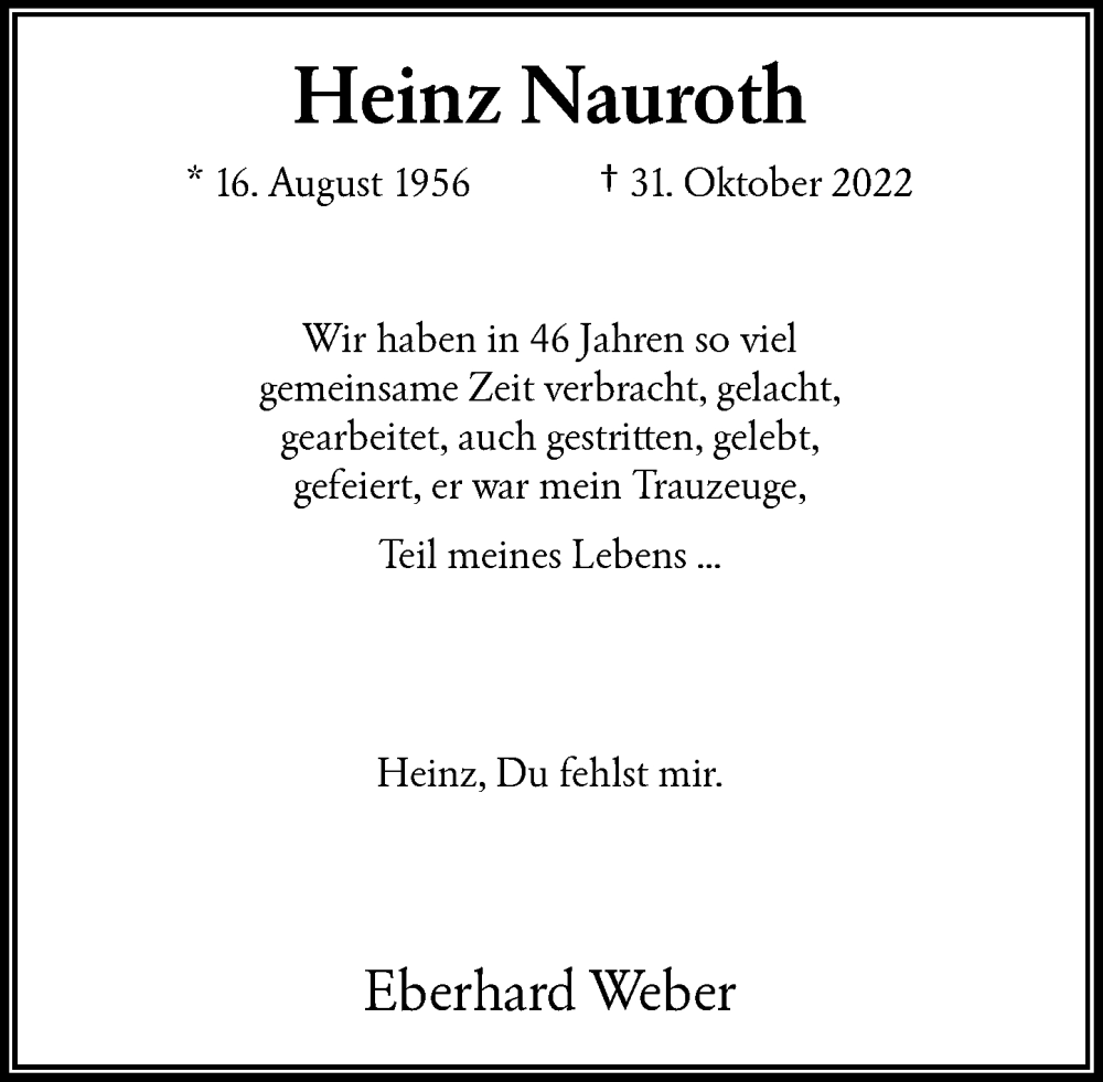  Traueranzeige für Heinz Nauroth vom 12.11.2022 aus General-Anzeiger Bonn