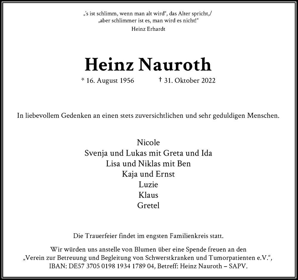  Traueranzeige für Heinz Nauroth vom 05.11.2022 aus General-Anzeiger Bonn
