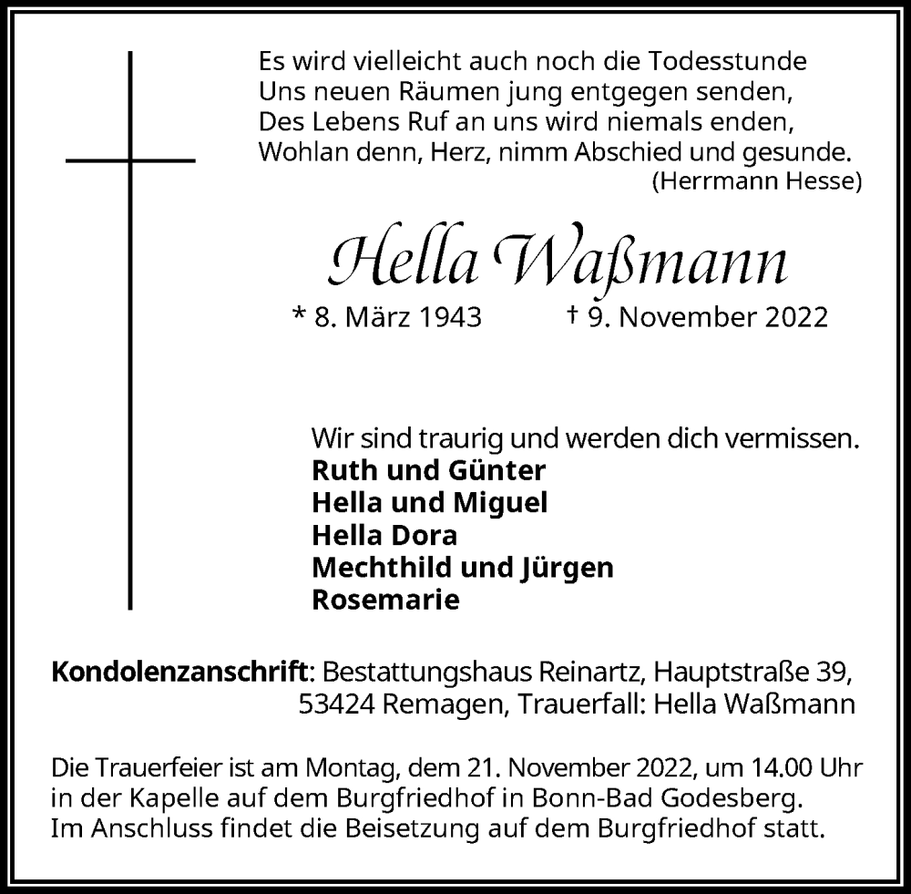  Traueranzeige für Hella Waßmann vom 19.11.2022 aus General-Anzeiger Bonn