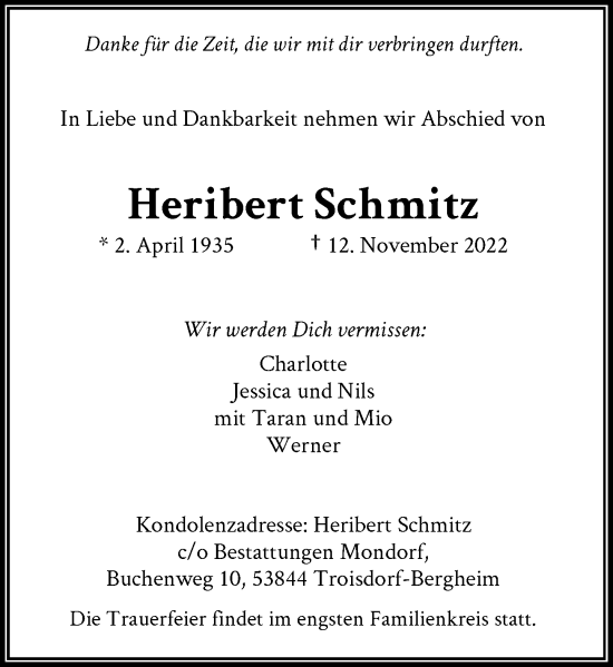 Anzeige von Heribert Schmitz von General-Anzeiger Bonn