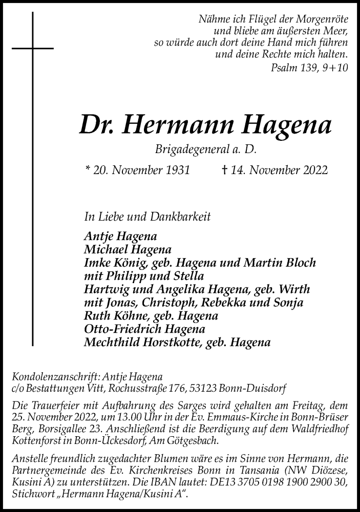  Traueranzeige für Hermann Hagena vom 19.11.2022 aus General-Anzeiger Bonn