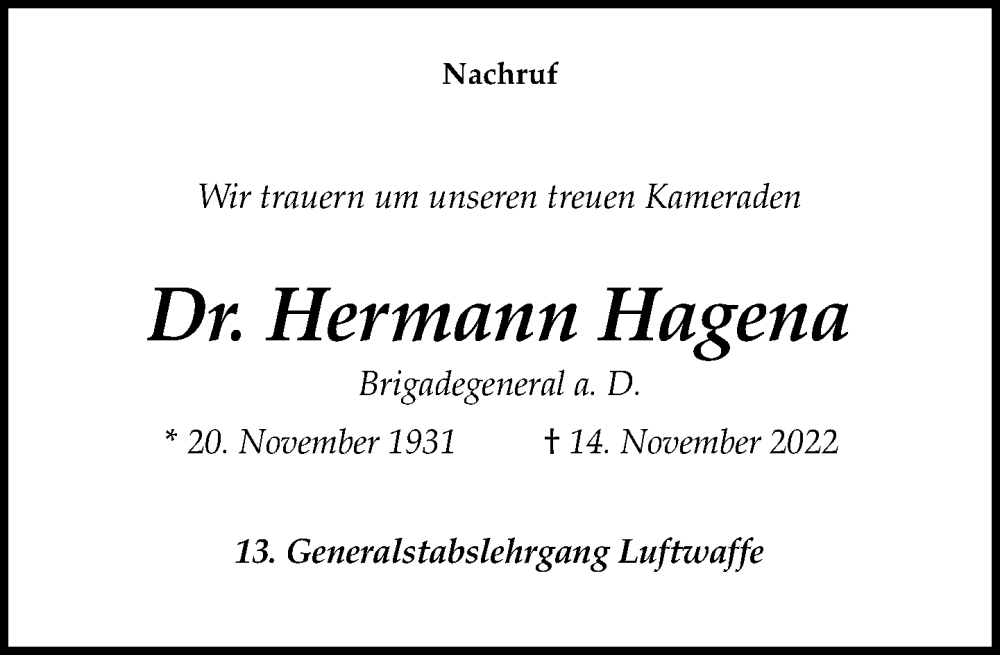  Traueranzeige für Hermann Hagena vom 19.11.2022 aus General-Anzeiger Bonn