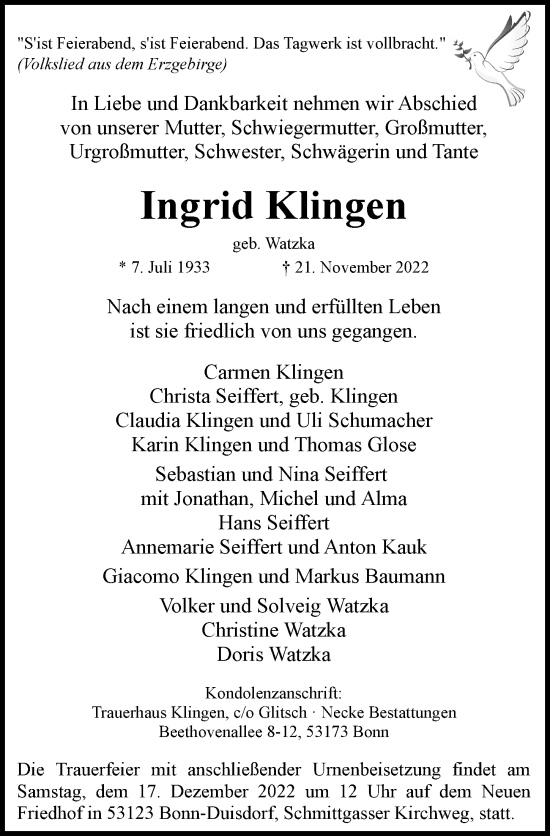 Anzeige von Ingrid Klingen von General-Anzeiger Bonn