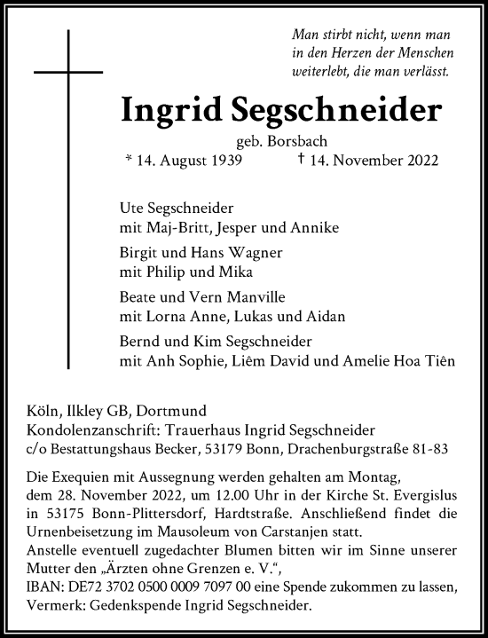 Anzeige von Ingrid Segschneider von General-Anzeiger Bonn