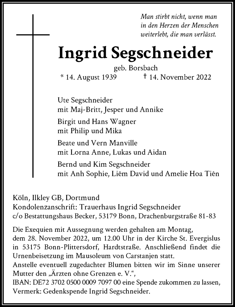  Traueranzeige für Ingrid Segschneider vom 19.11.2022 aus General-Anzeiger Bonn