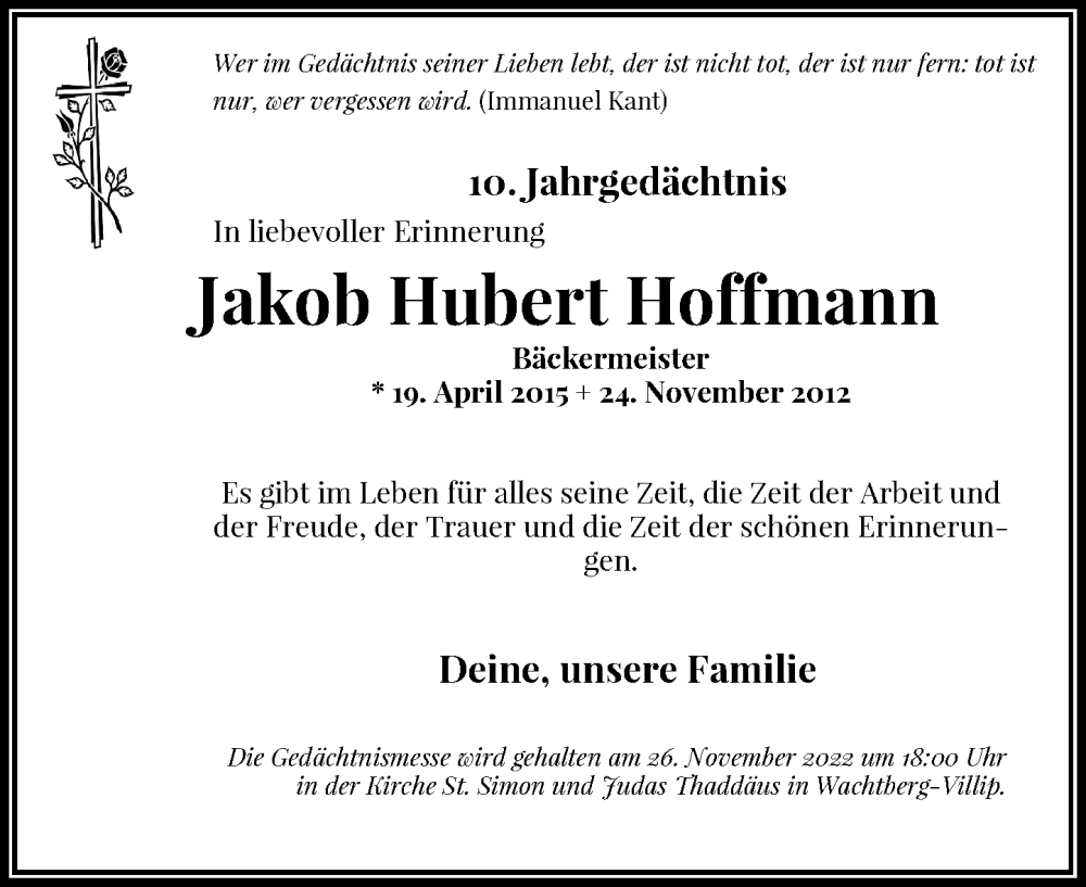  Traueranzeige für Jakob Hubert Hoffmann vom 24.11.2022 aus General-Anzeiger Bonn