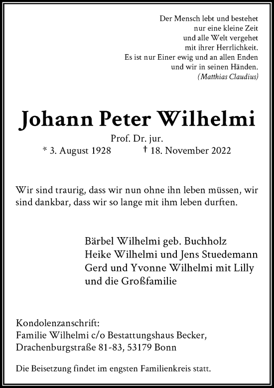 Anzeige von Johann Peter Wilhelmi von General-Anzeiger Bonn