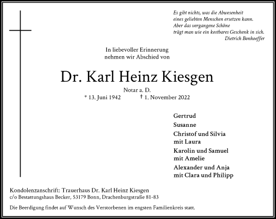 Anzeige von Karl Heinz Kiesgen von General-Anzeiger Bonn