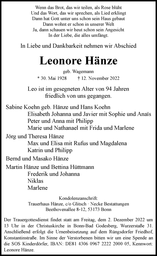 Anzeige von Leonore Hänze von General-Anzeiger Bonn