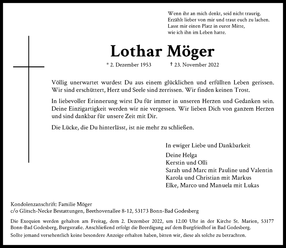  Traueranzeige für Lothar Möger vom 26.11.2022 aus General-Anzeiger Bonn