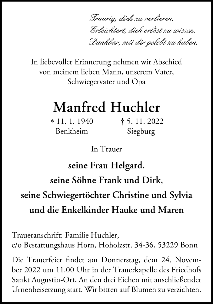  Traueranzeige für Manfred Huchler vom 19.11.2022 aus General-Anzeiger Bonn