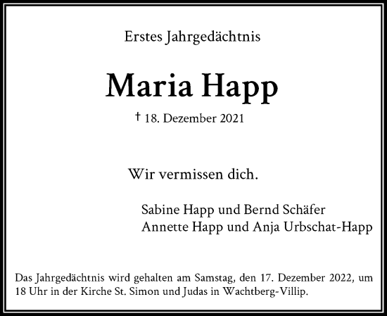 Anzeige von Maria Happ von General-Anzeiger Bonn