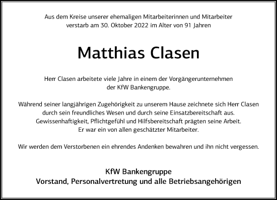 Anzeige von Matthias Clasen von General-Anzeiger Bonn