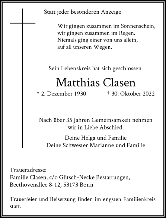 Anzeige von Matthias Clasen von General-Anzeiger Bonn
