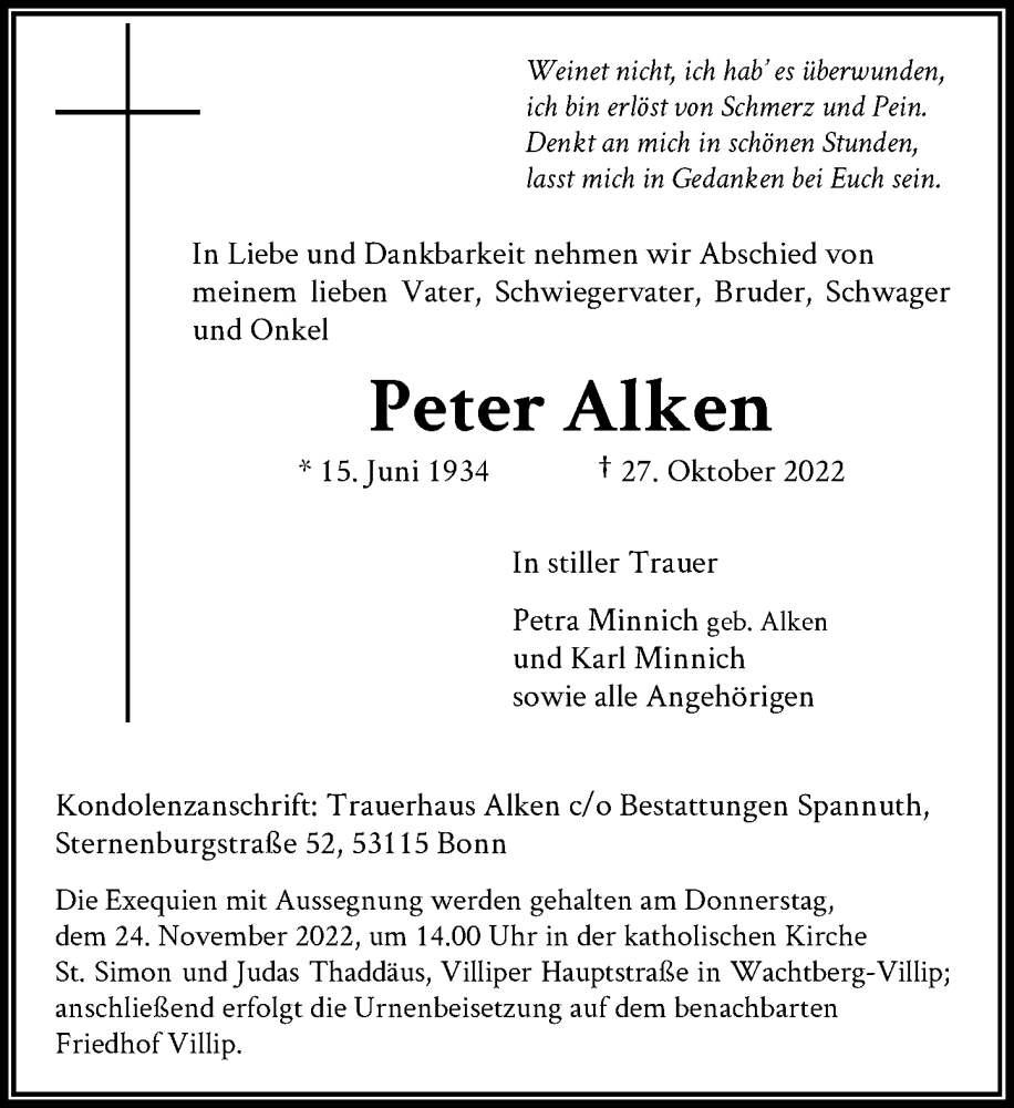  Traueranzeige für Peter Alken vom 19.11.2022 aus General-Anzeiger Bonn