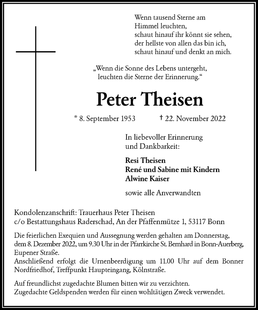  Traueranzeige für Peter Theisen vom 26.11.2022 aus General-Anzeiger Bonn