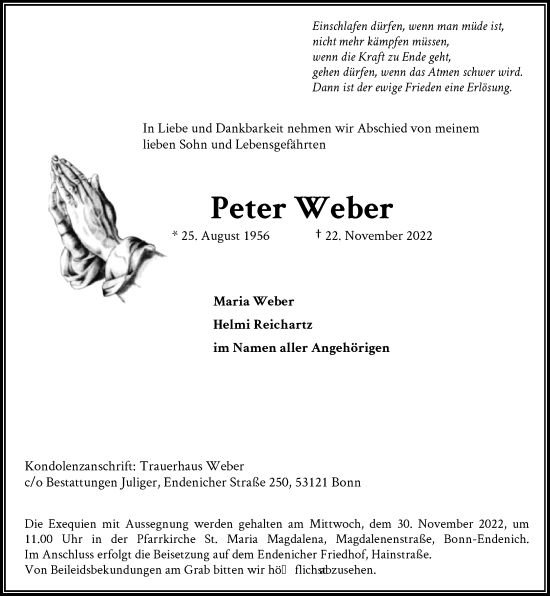 Anzeige von Peter Weber von General-Anzeiger Bonn