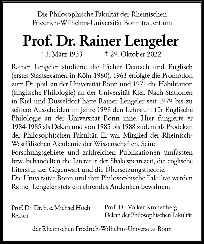  Traueranzeige für Rainer Lengeler vom 19.11.2022 aus General-Anzeiger Bonn