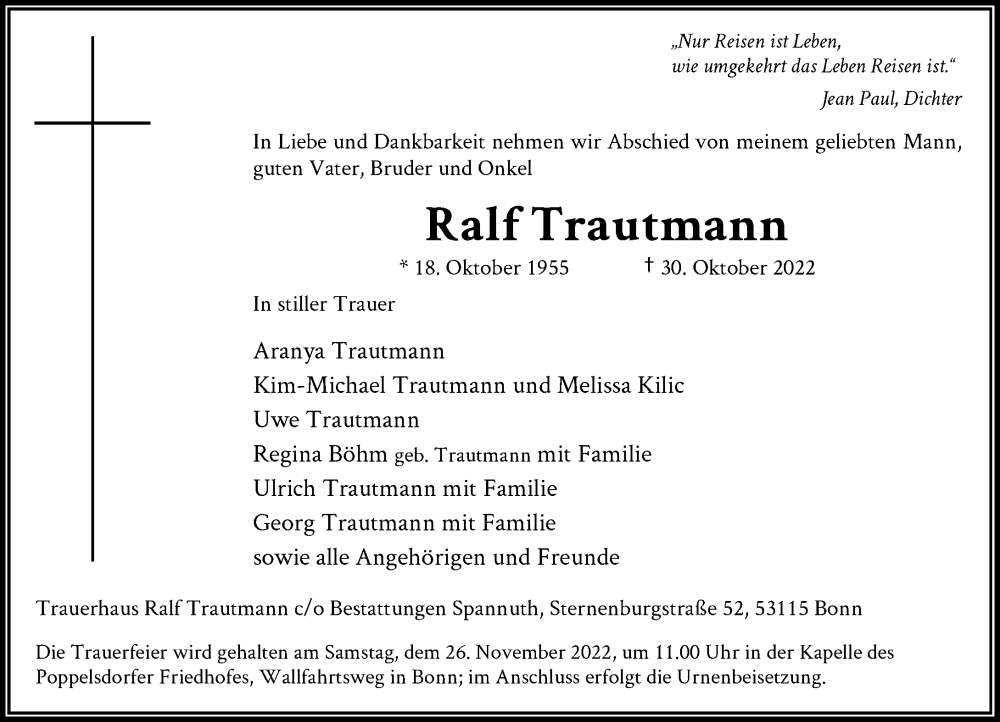 Traueranzeige für Ralf Trautmann vom 19.11.2022 aus General-Anzeiger Bonn