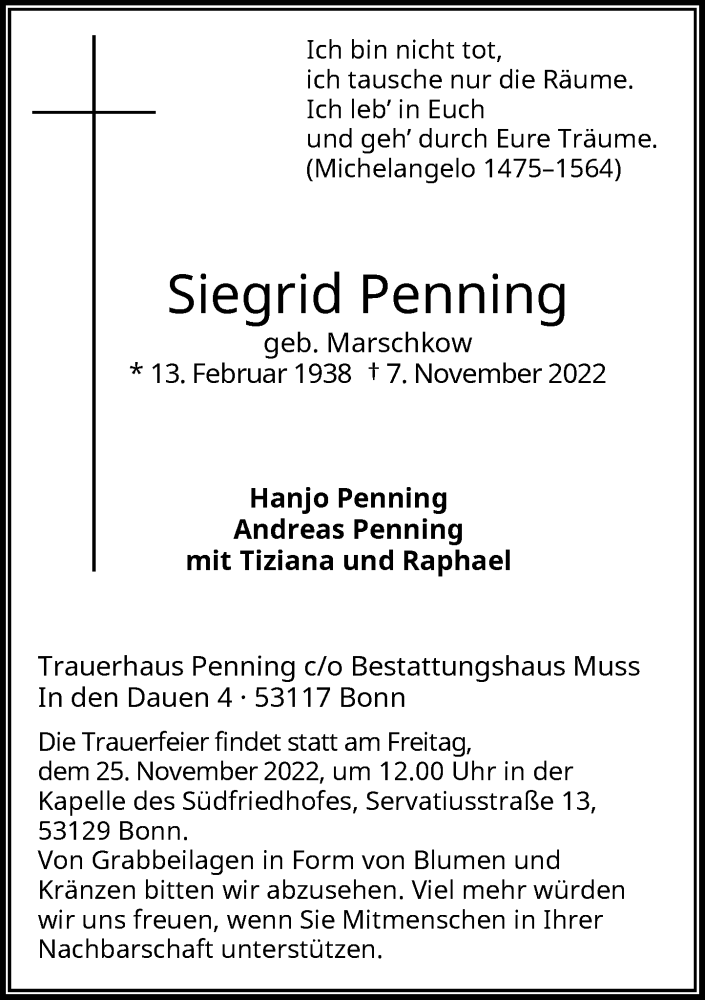 Traueranzeige für Siegrid Penning vom 19.11.2022 aus General-Anzeiger Bonn