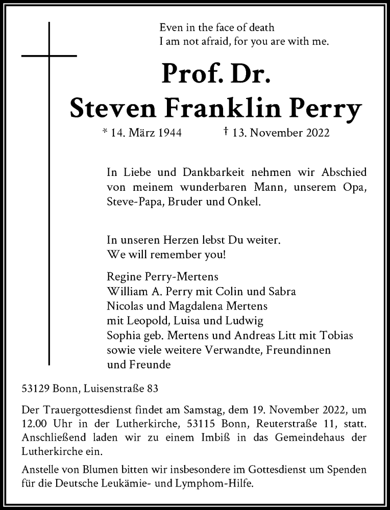  Traueranzeige für Steven Franklin Perry vom 18.11.2022 aus General-Anzeiger Bonn