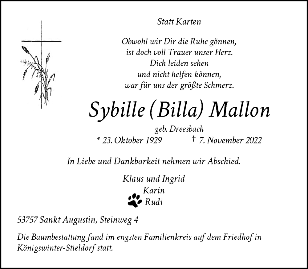  Traueranzeige für Sybille Mallon vom 26.11.2022 aus General-Anzeiger Bonn