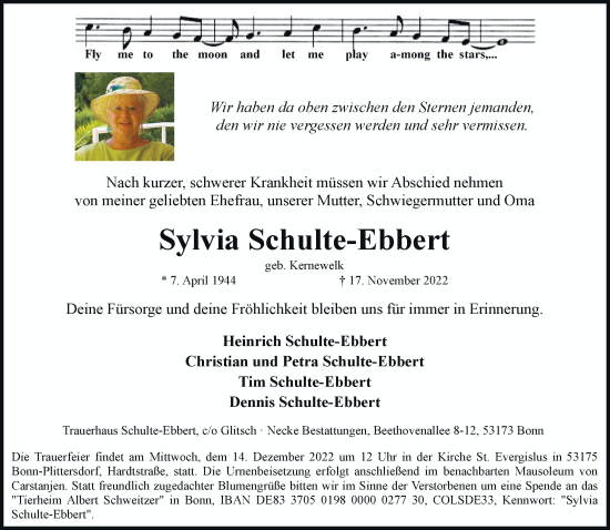 Anzeige von Sylvia Schulte-Ebbert von General-Anzeiger Bonn