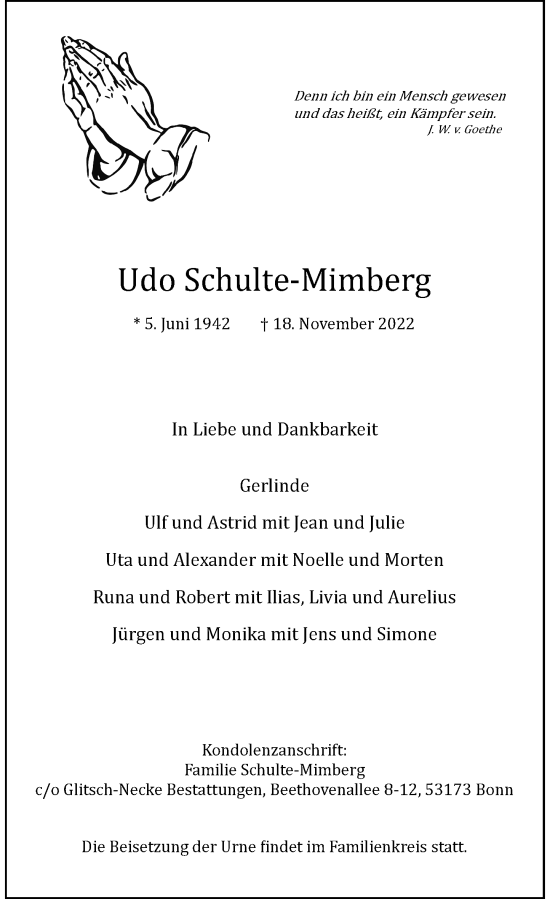 Anzeige von Udo Schulte-Mimberg von General-Anzeiger Bonn