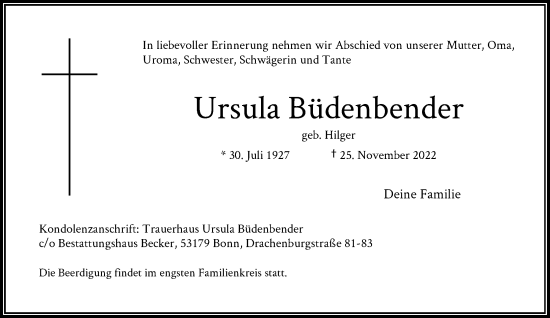 Anzeige von Ursula Büdenbender von General-Anzeiger Bonn