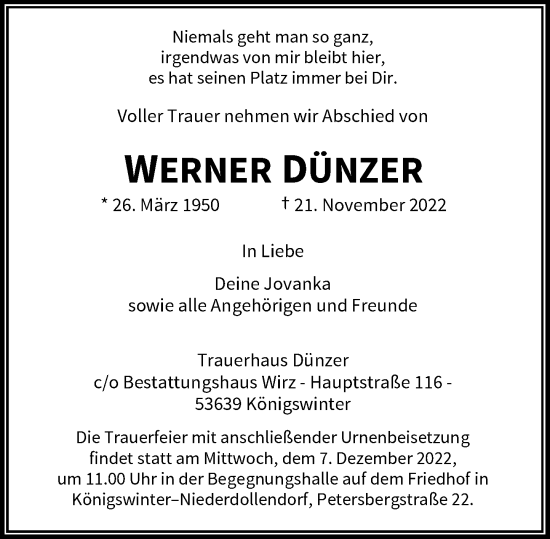 Anzeige von Werner Dünzer von General-Anzeiger Bonn