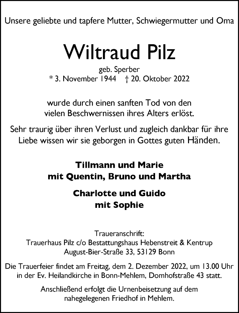  Traueranzeige für Wiltraud Pilz vom 19.11.2022 aus General-Anzeiger Bonn
