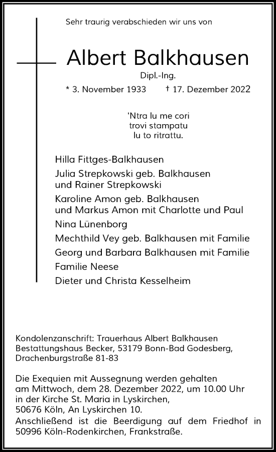 Anzeige von Albert Balkhausen von General-Anzeiger Bonn