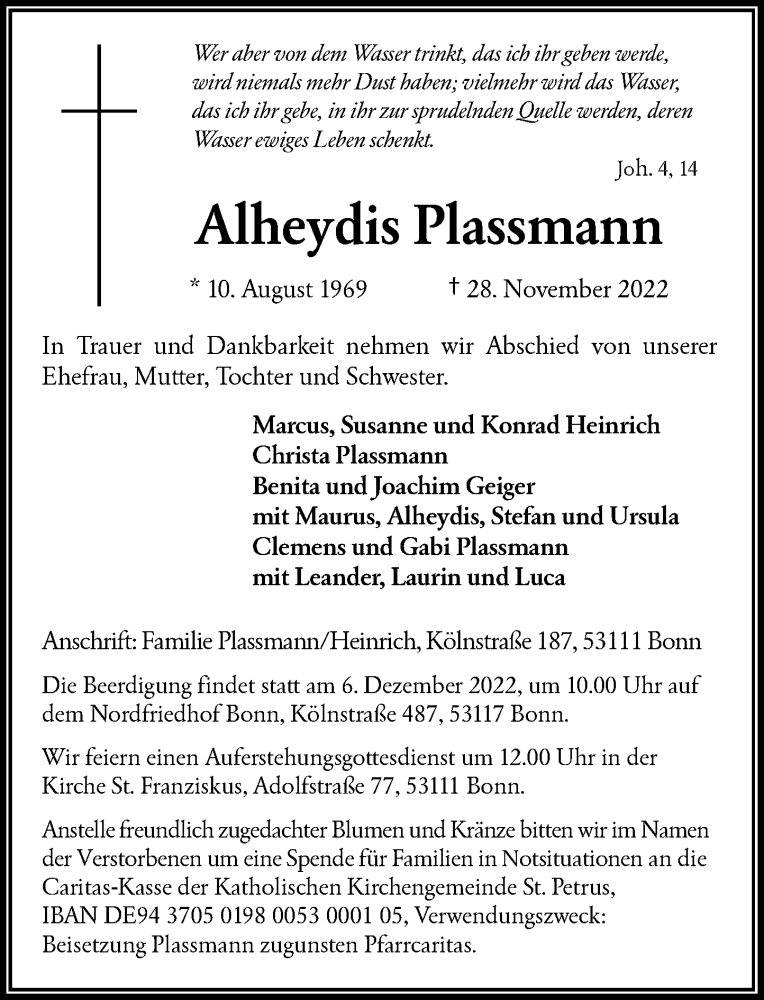  Traueranzeige für Alheydis Plassmann vom 03.12.2022 aus General-Anzeiger Bonn