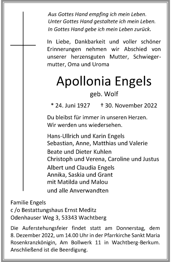 Anzeige von Apollonia Engels von General-Anzeiger Bonn