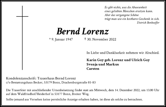Anzeige von Bernd Lorenz von General-Anzeiger Bonn