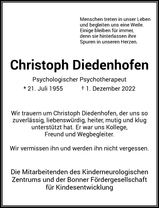 Anzeige von Christoph Diedenhofen von General-Anzeiger Bonn