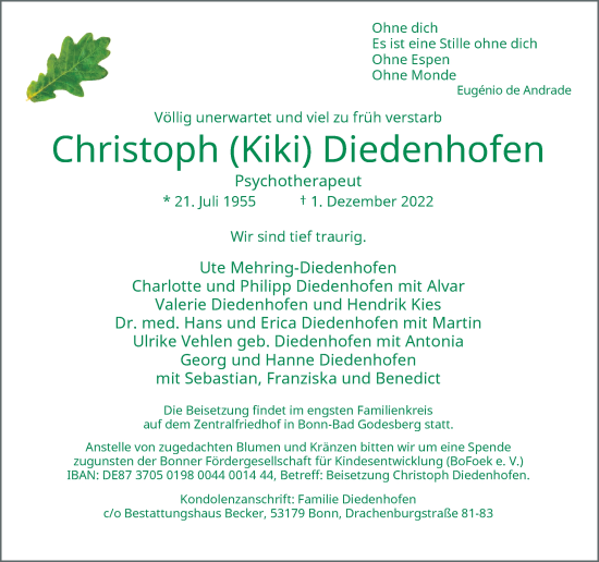 Anzeige von Christoph Diedenhofen von General-Anzeiger Bonn