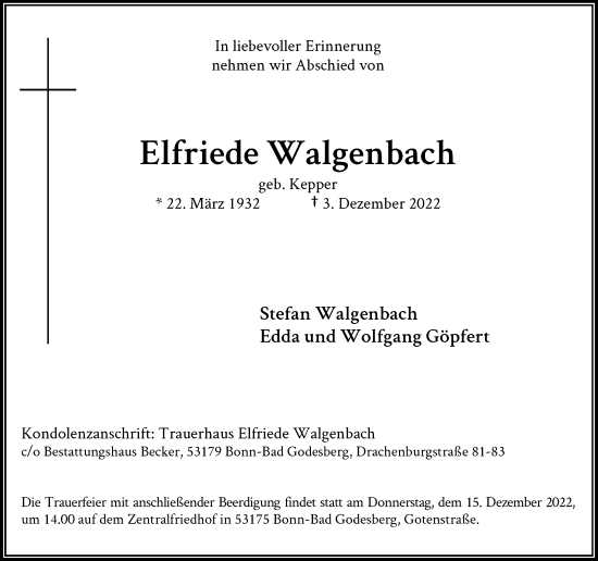 Anzeige von Elfriede Walgenbach von General-Anzeiger Bonn